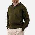 Men's olive green ribbed half-zip jumper with a high collar and long sleeves
