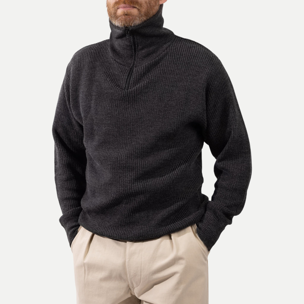 Men's charcoal ribbed quarter-zip sweater with mock neck