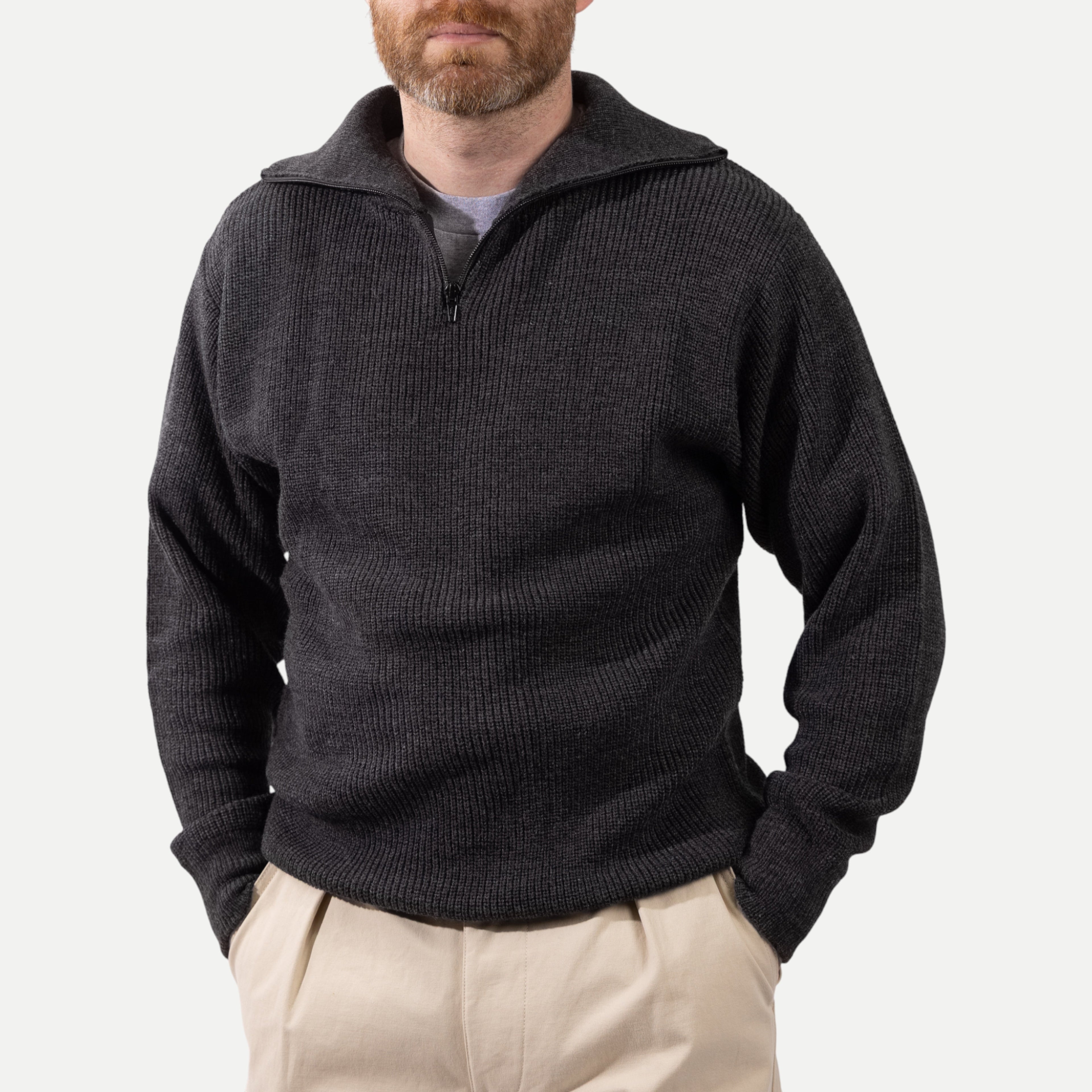 Men's charcoal ribbed quarter-zip sweater with mock neck