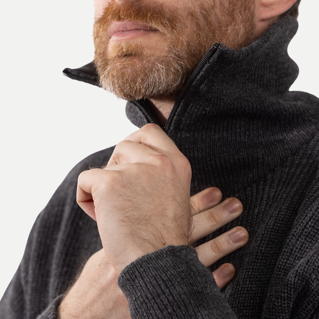 Men's charcoal ribbed quarter-zip sweater with mock neck