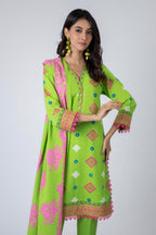 Green printed shirt and dupatta set with straight trousers