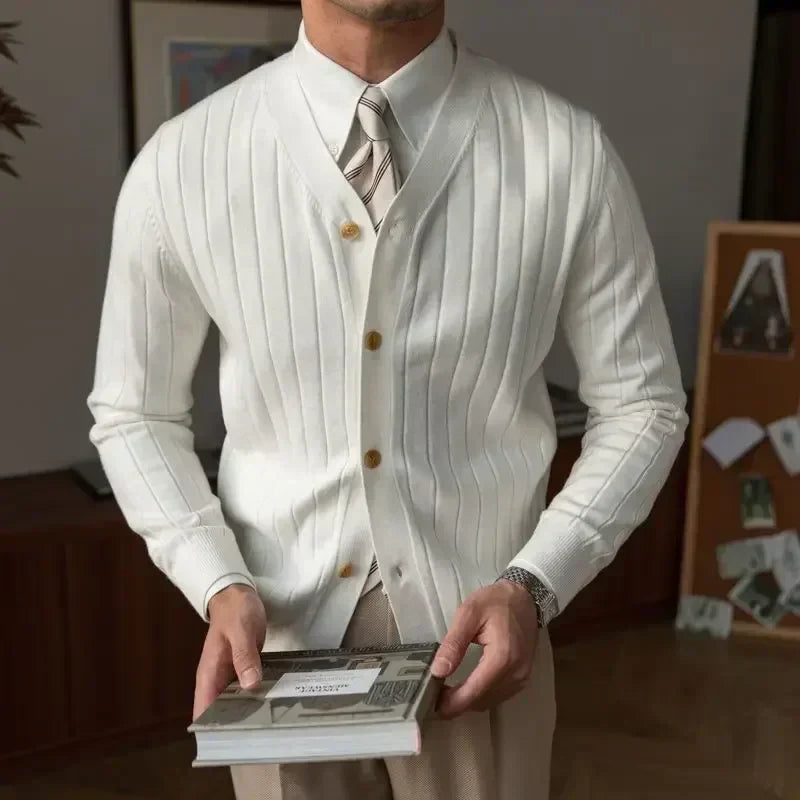 Men's V-neck ribbed cardigan with button front