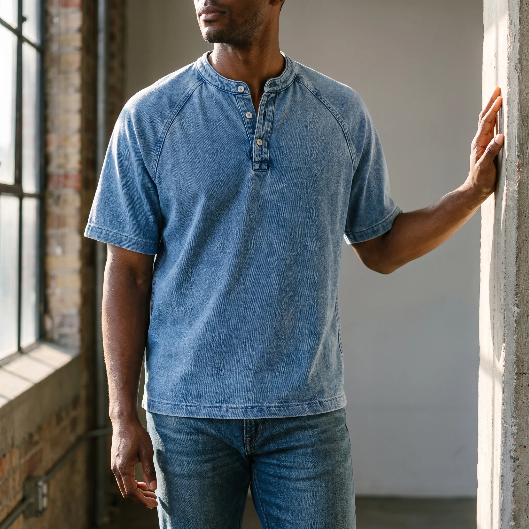 Faderly  - Vintage Washed Short Sleeve Henley Shirt Everyday Casual Wear