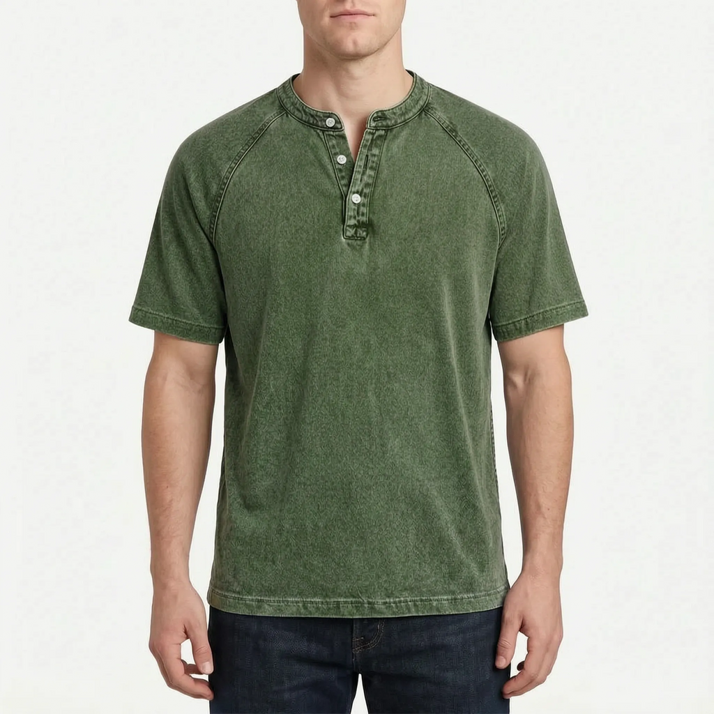 Faderly  - Vintage Washed Short Sleeve Henley Shirt Everyday Casual Wear