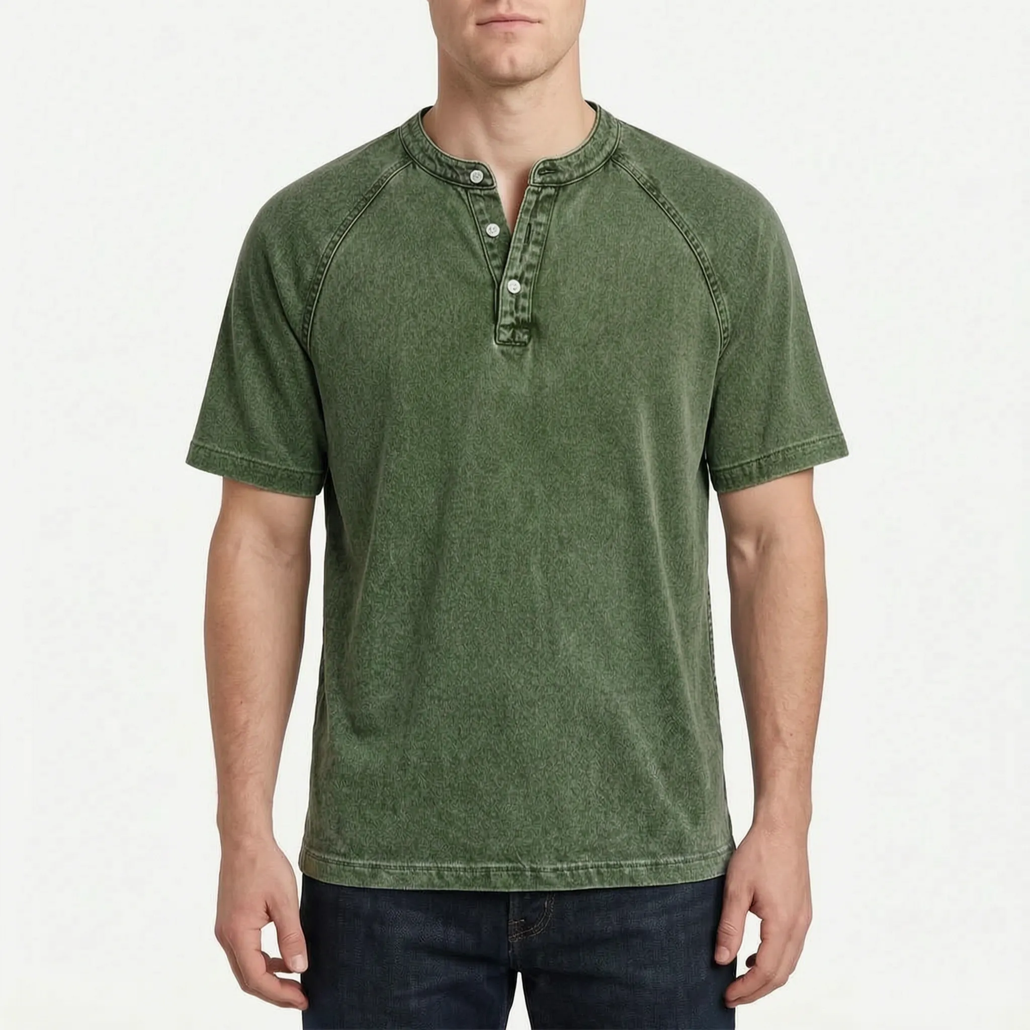 Faderly  - Vintage Washed Short Sleeve Henley Shirt Everyday Casual Wear
