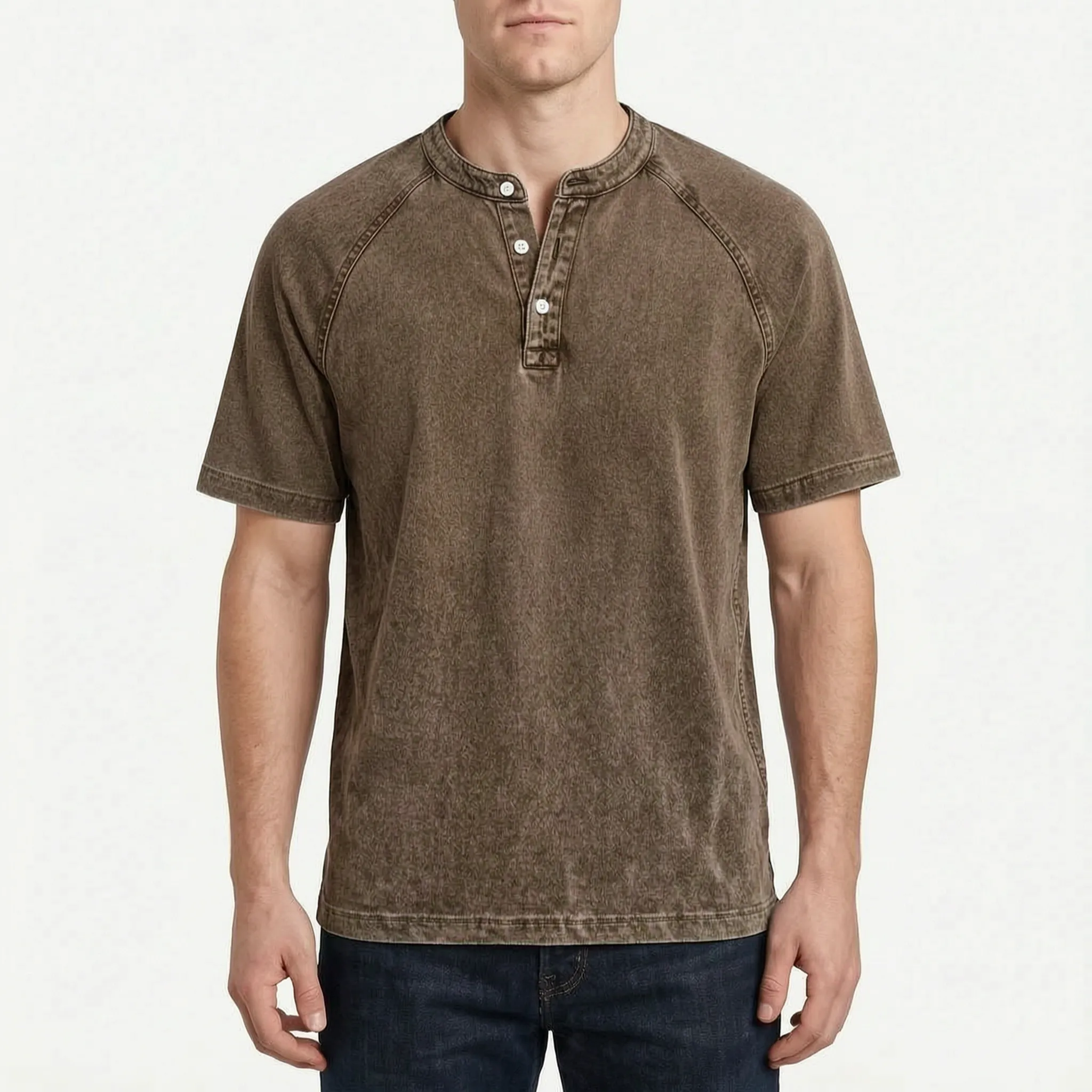 Faderly  - Vintage Washed Short Sleeve Henley Shirt Everyday Casual Wear
