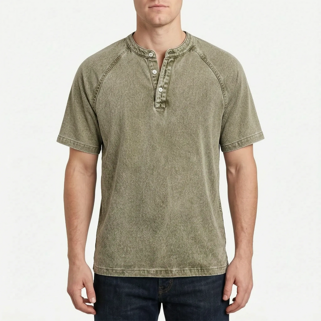 Faderly  - Vintage Washed Short Sleeve Henley Shirt Everyday Casual Wear