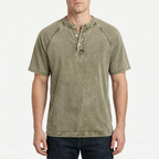 Faderly  - Vintage Washed Short Sleeve Henley Shirt Everyday Casual Wear