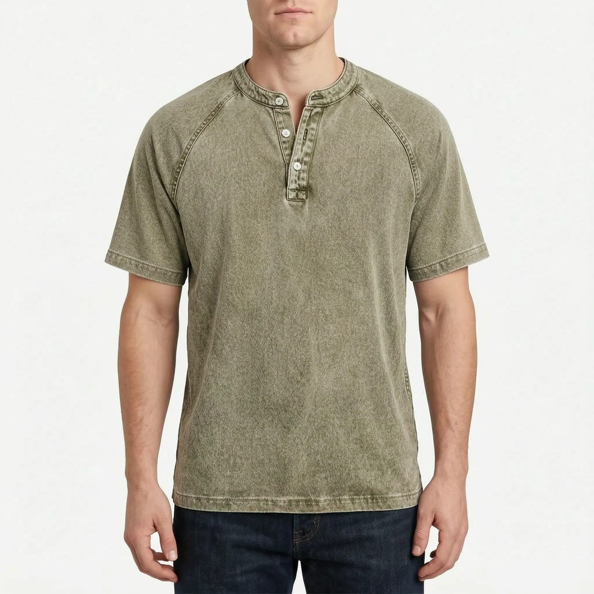 Faderly  - Vintage Washed Short Sleeve Henley Shirt Everyday Casual Wear