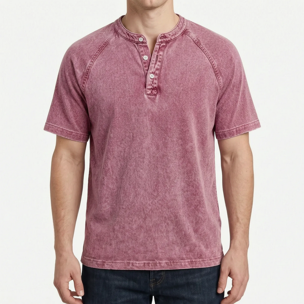 Faderly  - Vintage Washed Short Sleeve Henley Shirt Everyday Casual Wear