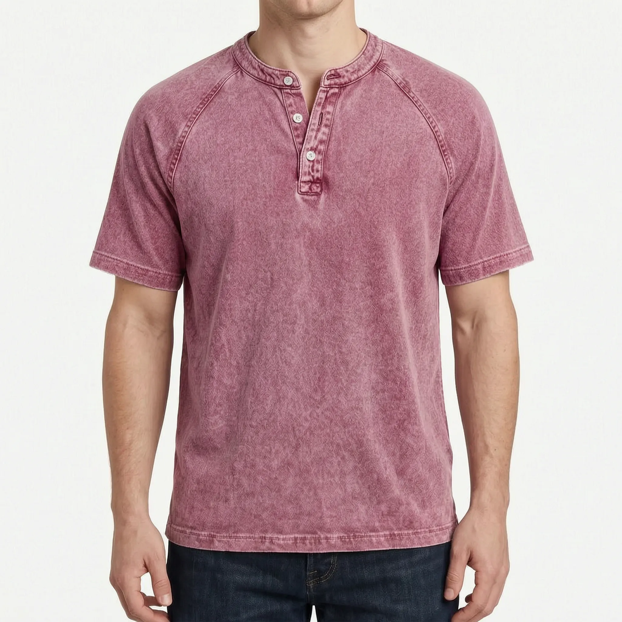 Faderly  - Vintage Washed Short Sleeve Henley Shirt Everyday Casual Wear