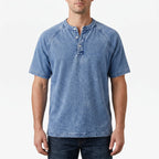 Faderly  - Vintage Washed Short Sleeve Henley Shirt Everyday Casual Wear