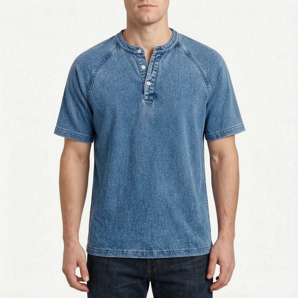 Faderly  - Vintage Washed Short Sleeve Henley Shirt Everyday Casual Wear