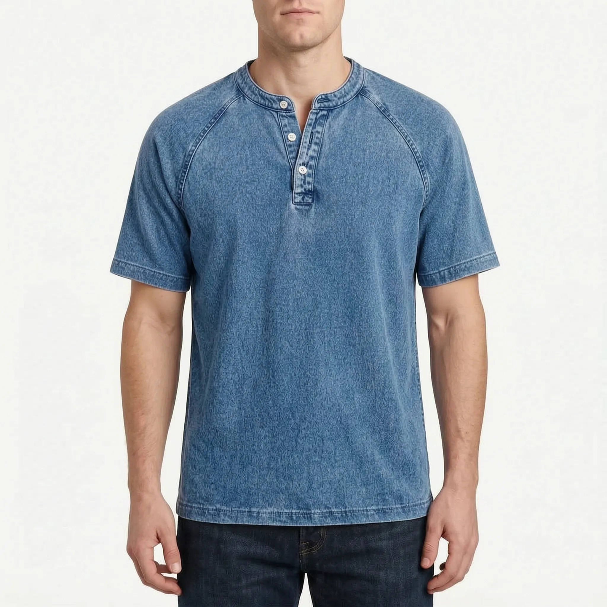 Faderly  - Vintage Washed Short Sleeve Henley Shirt Everyday Casual Wear