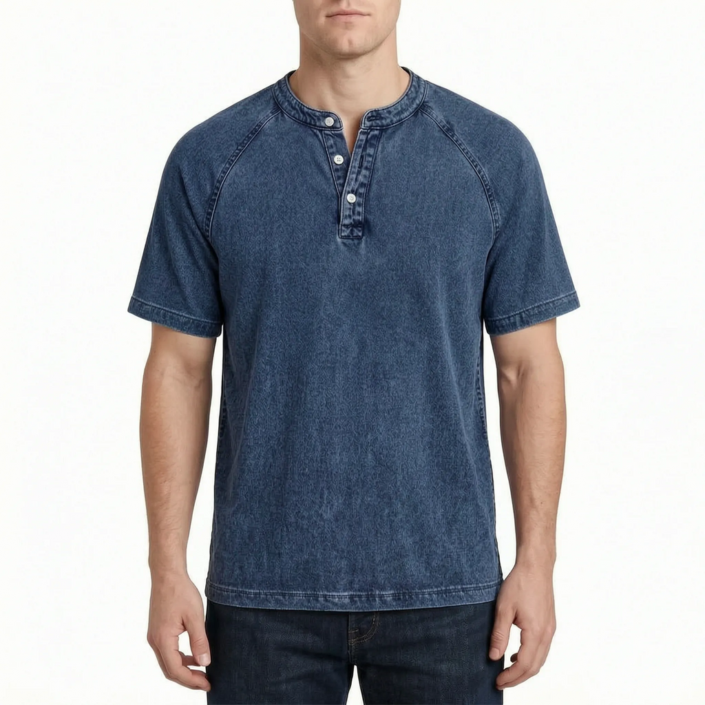 Faderly  - Vintage Washed Short Sleeve Henley Shirt Everyday Casual Wear