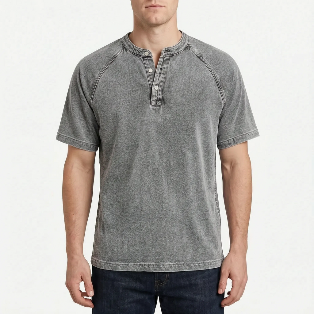 Faderly  - Vintage Washed Short Sleeve Henley Shirt Everyday Casual Wear