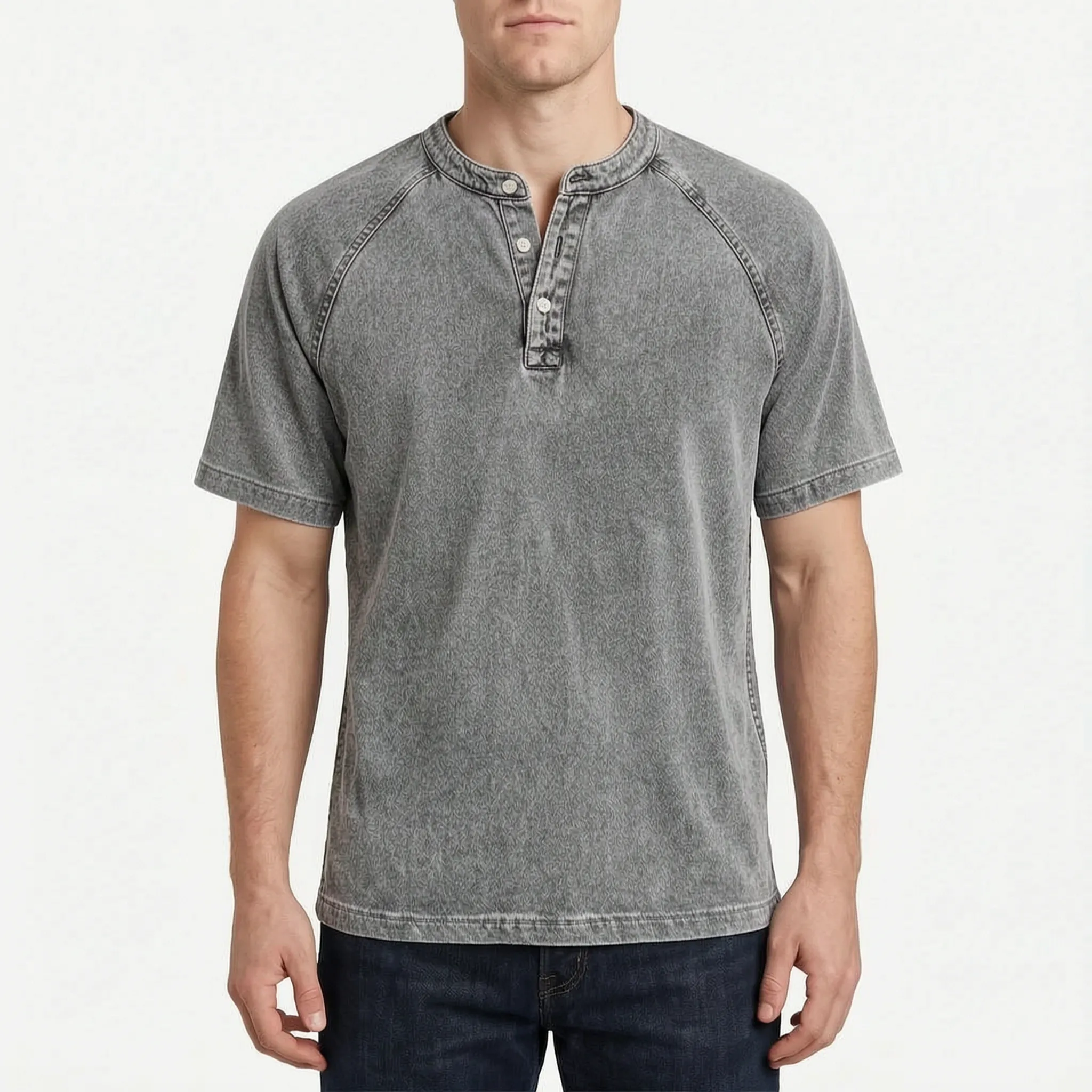 Faderly  - Vintage Washed Short Sleeve Henley Shirt Everyday Casual Wear