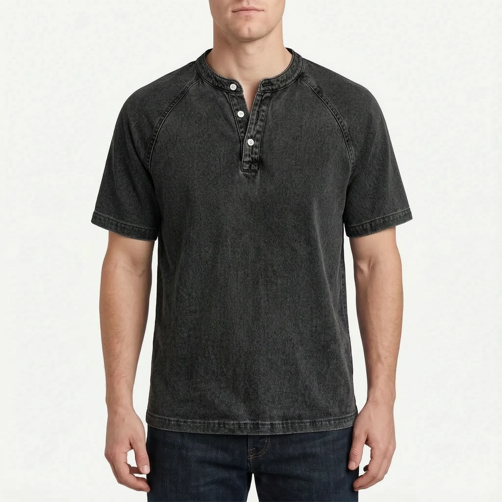 Faderly  - Vintage Washed Short Sleeve Henley Shirt Everyday Casual Wear