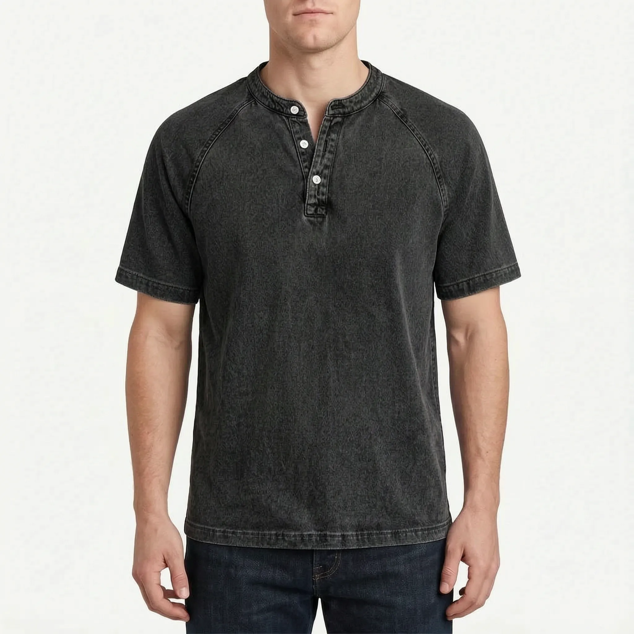 Faderly  - Vintage Washed Short Sleeve Henley Shirt Everyday Casual Wear