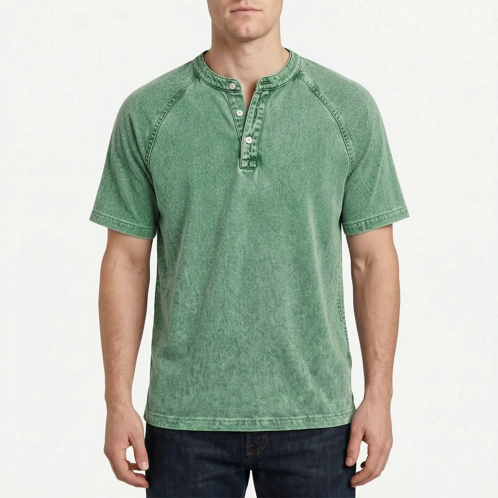 Faderly  - Vintage Washed Short Sleeve Henley Shirt Everyday Casual Wear