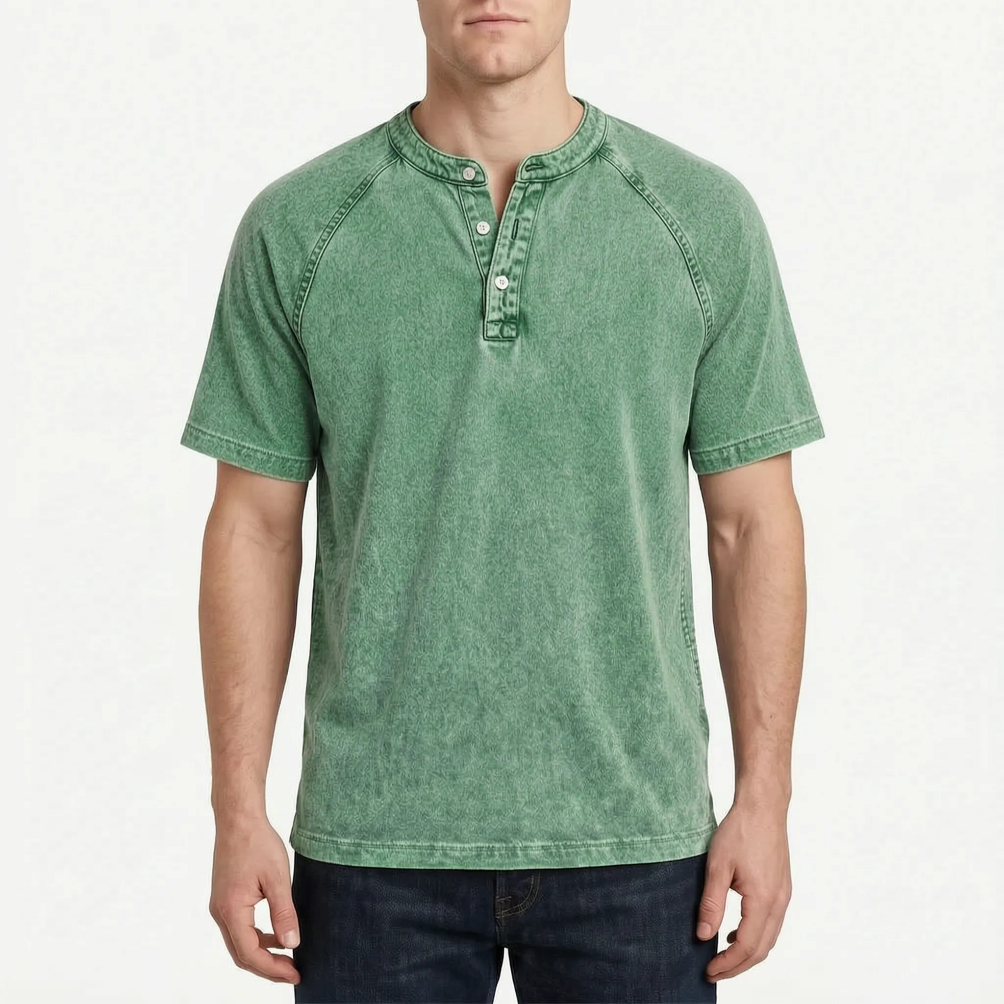 Faderly  - Vintage Washed Short Sleeve Henley Shirt Everyday Casual Wear