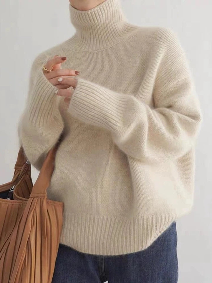 Women's cream turtleneck sweater with ribbed trims