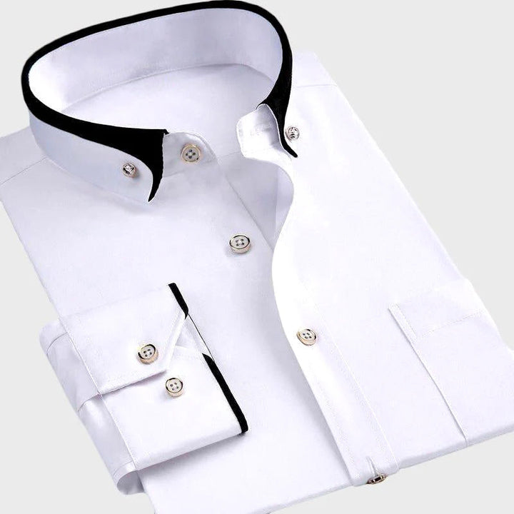 Men's long-sleeve shirt with pointed contrast collar and button front