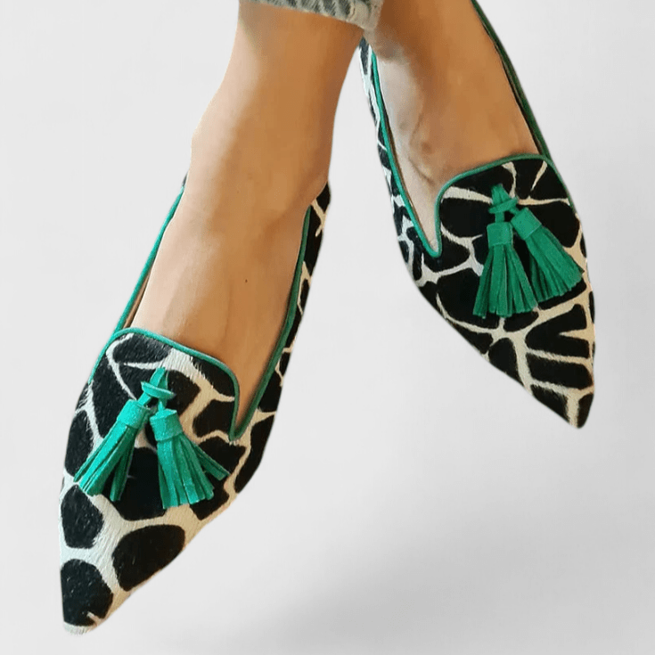 Women's pointed animal print loafers with front tassels