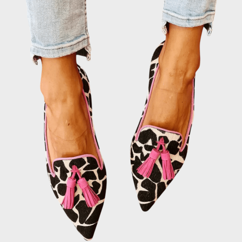 Women's pointed animal print loafers with front tassels
