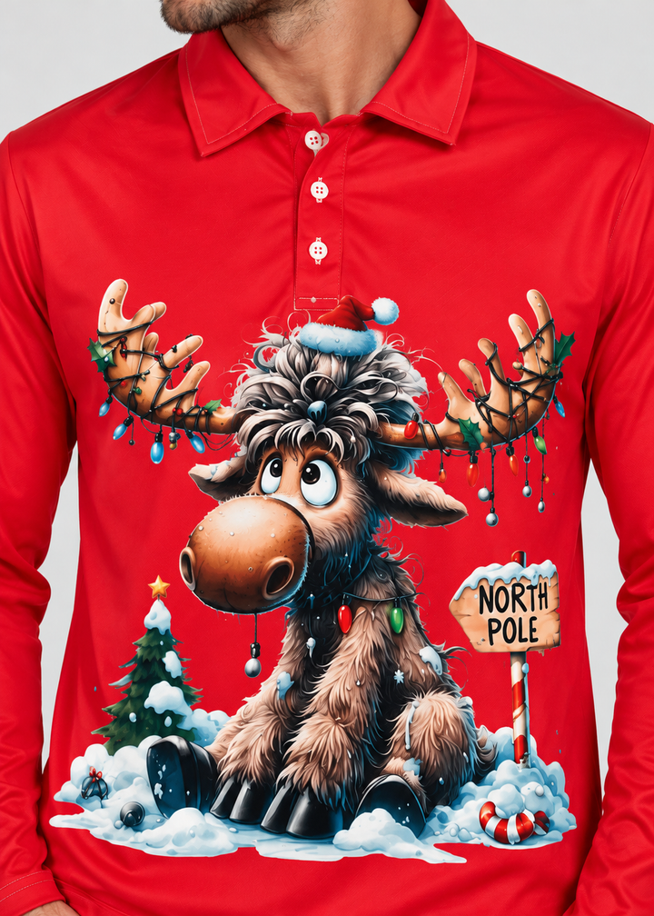 Men's Long-Sleeve Christmas Polo with Reindeer Print