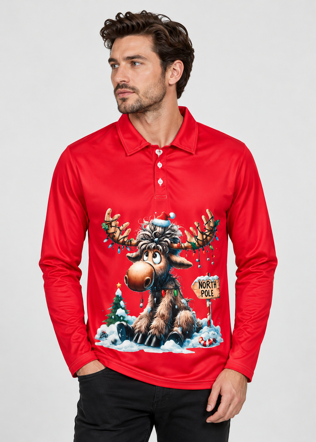 Men's Long-Sleeve Christmas Polo with Reindeer Print