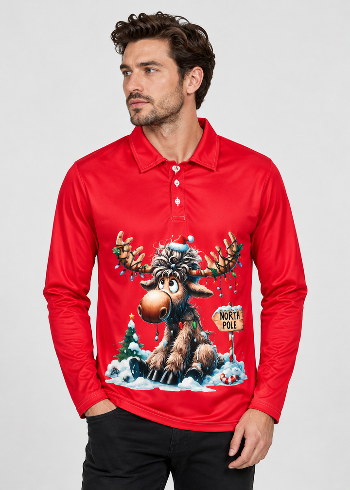 Men's Long-Sleeve Christmas Polo with Reindeer Print