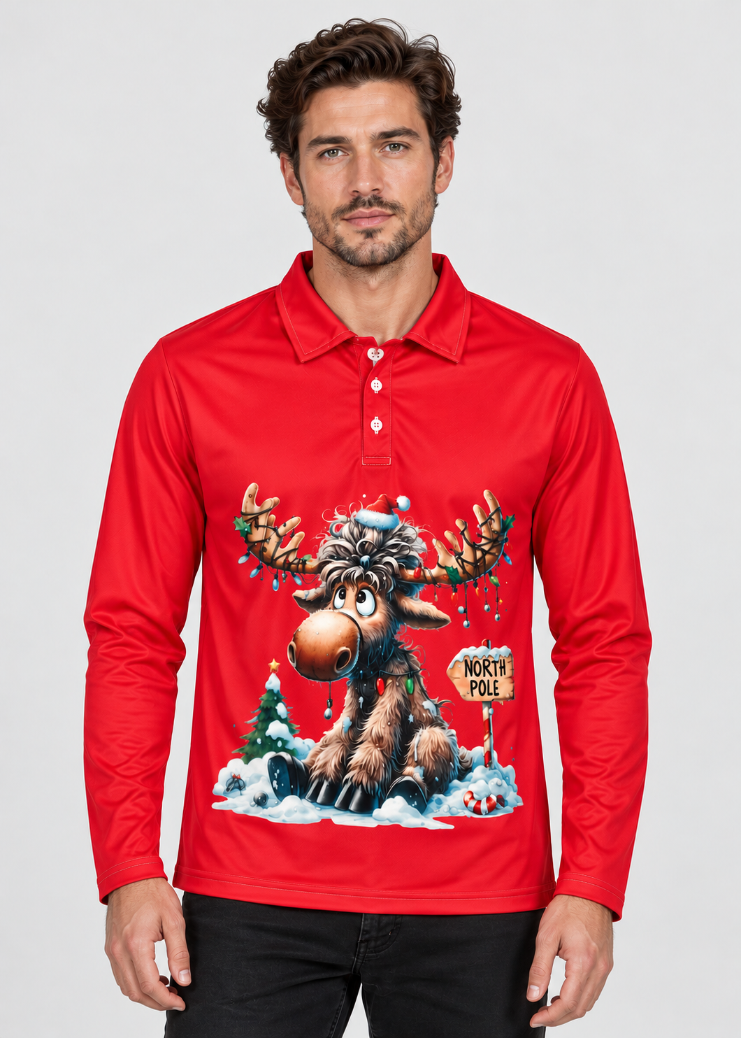 Men's Long-Sleeve Christmas Polo with Reindeer Print