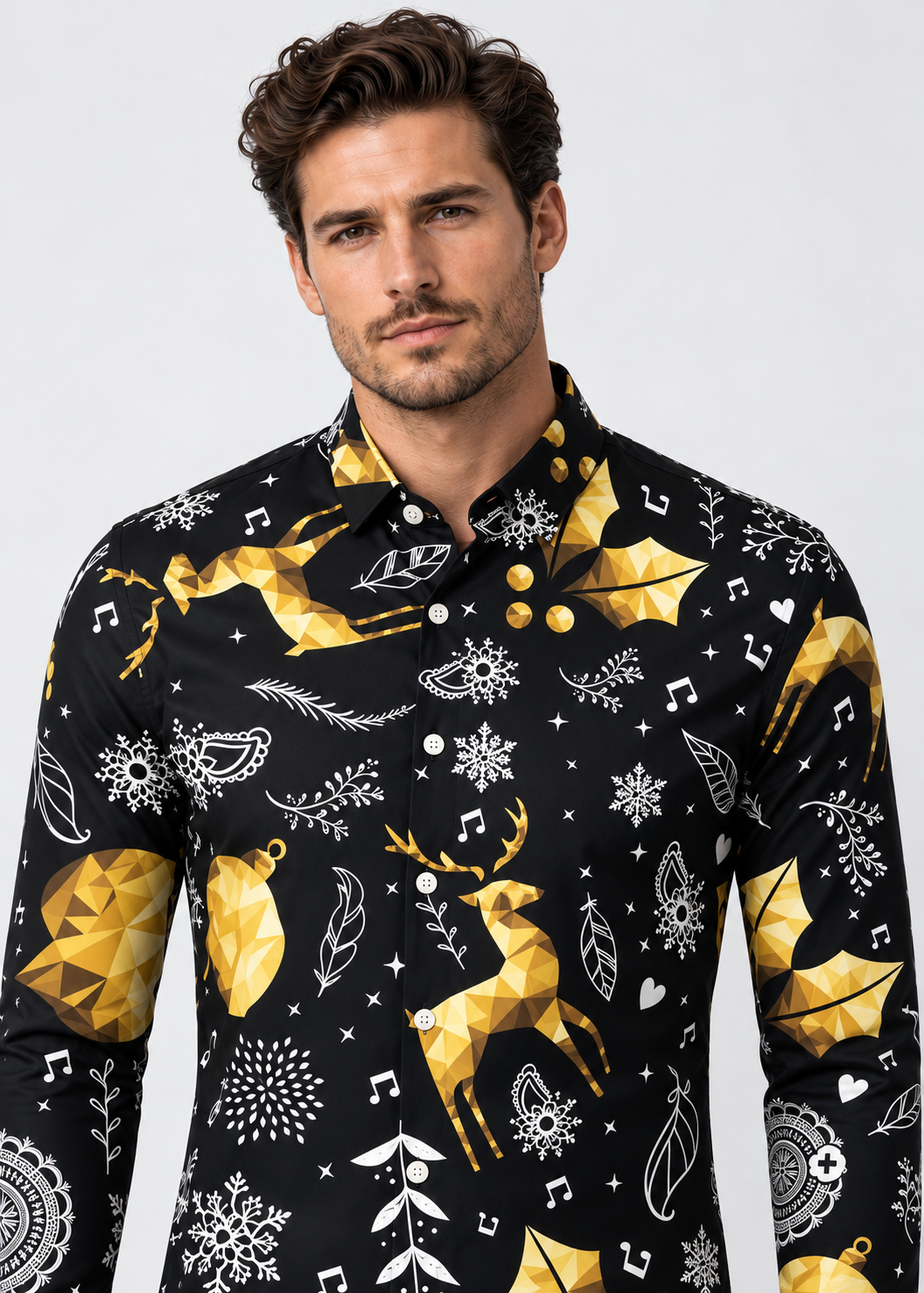 Men's Christmas Print Shirt with Stand Collar