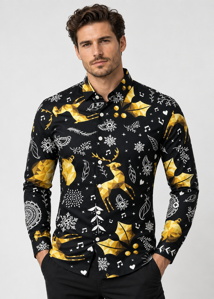 Men's Christmas Print Shirt with Stand Collar