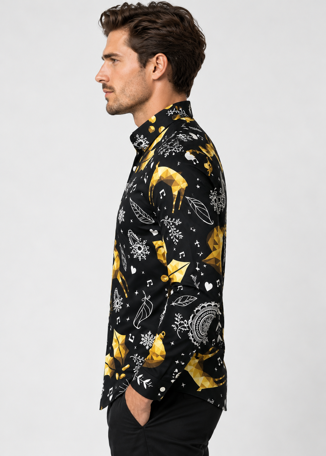 Men's Christmas Print Shirt with Stand Collar
