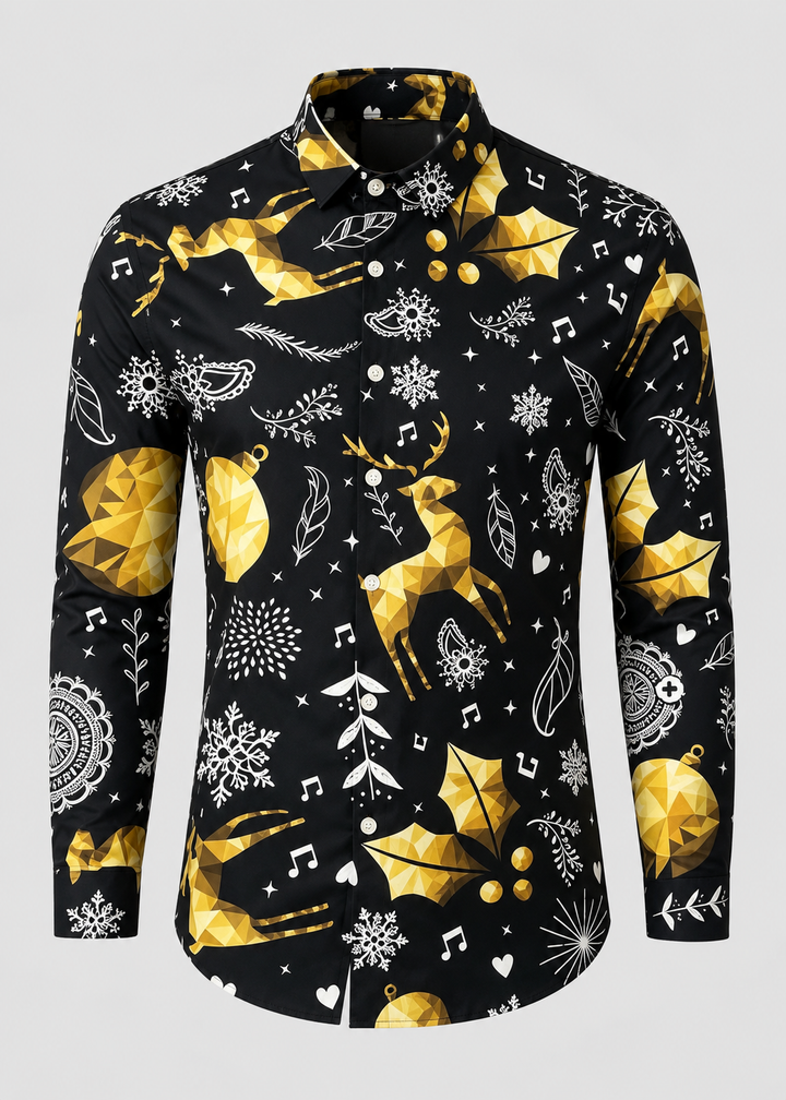 Men's Christmas Print Shirt with Stand Collar