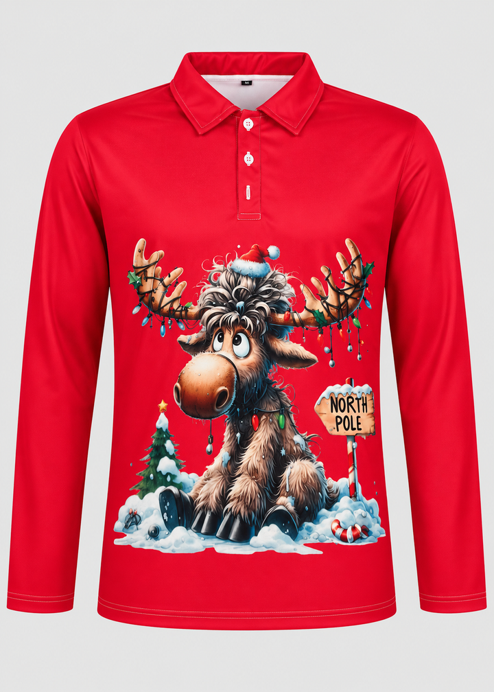 Men's Long-Sleeve Christmas Polo with Reindeer Print