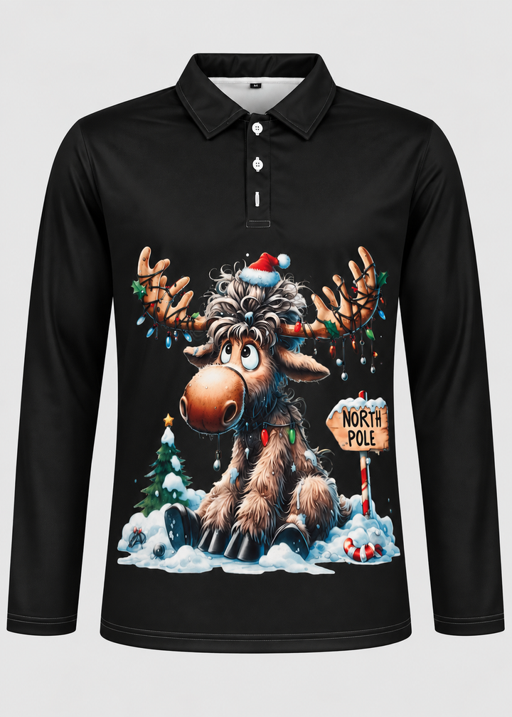 Men's Long-Sleeve Christmas Polo with Reindeer Print