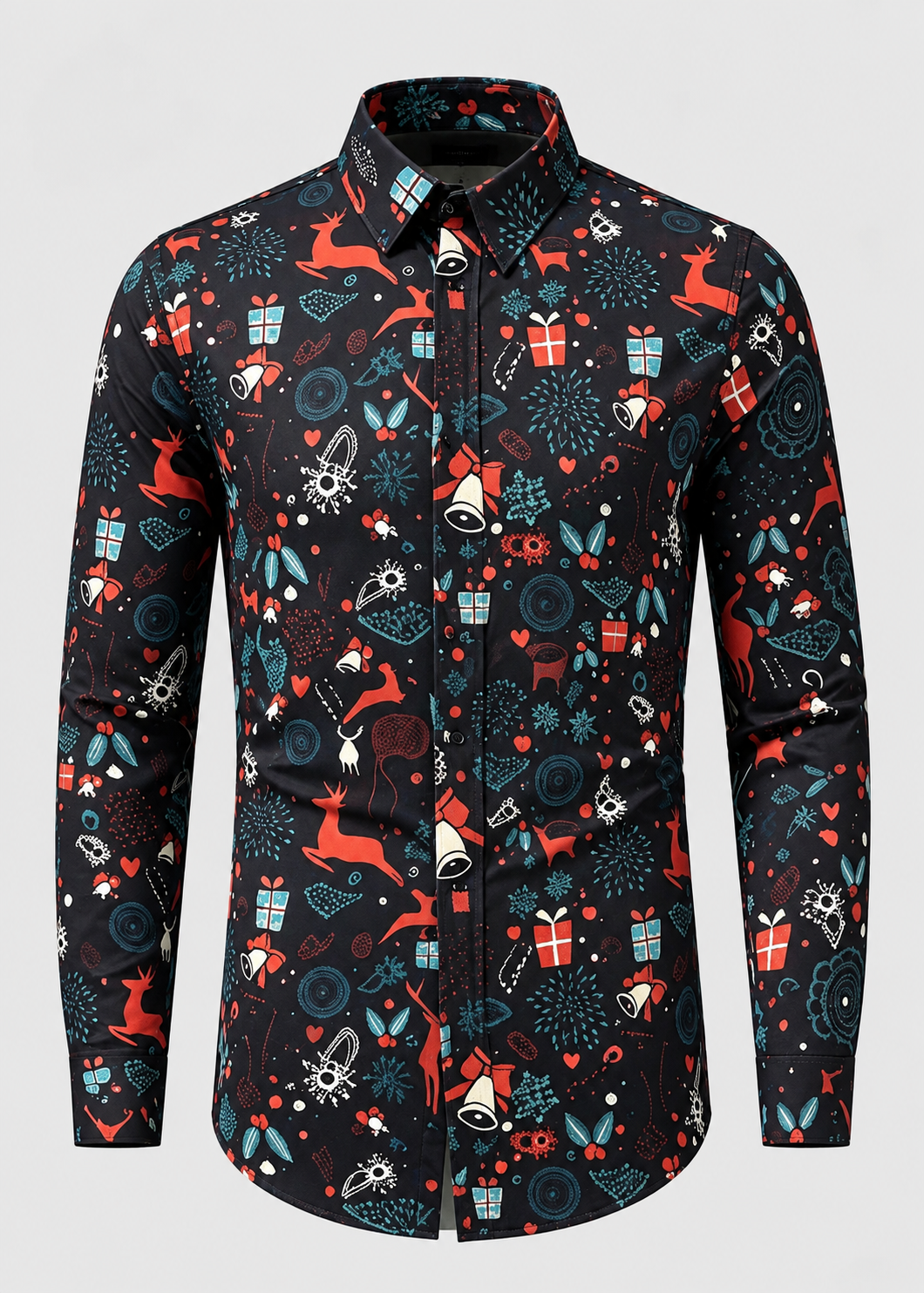 Men's Christmas Print Shirt with Stand Collar
