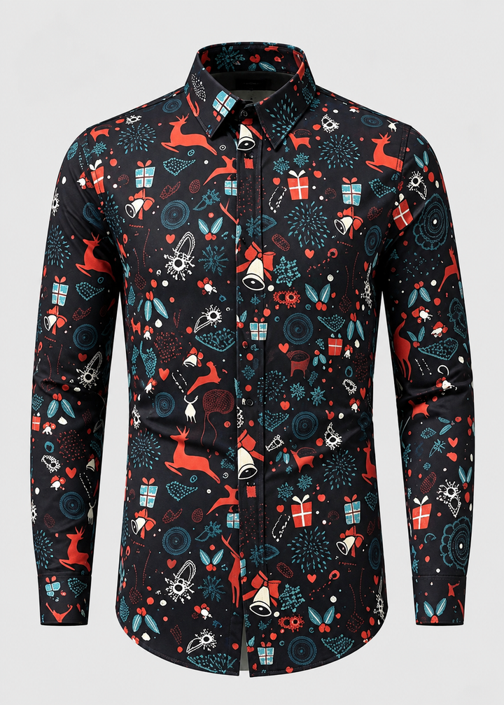 Men's Christmas Print Shirt with Stand Collar