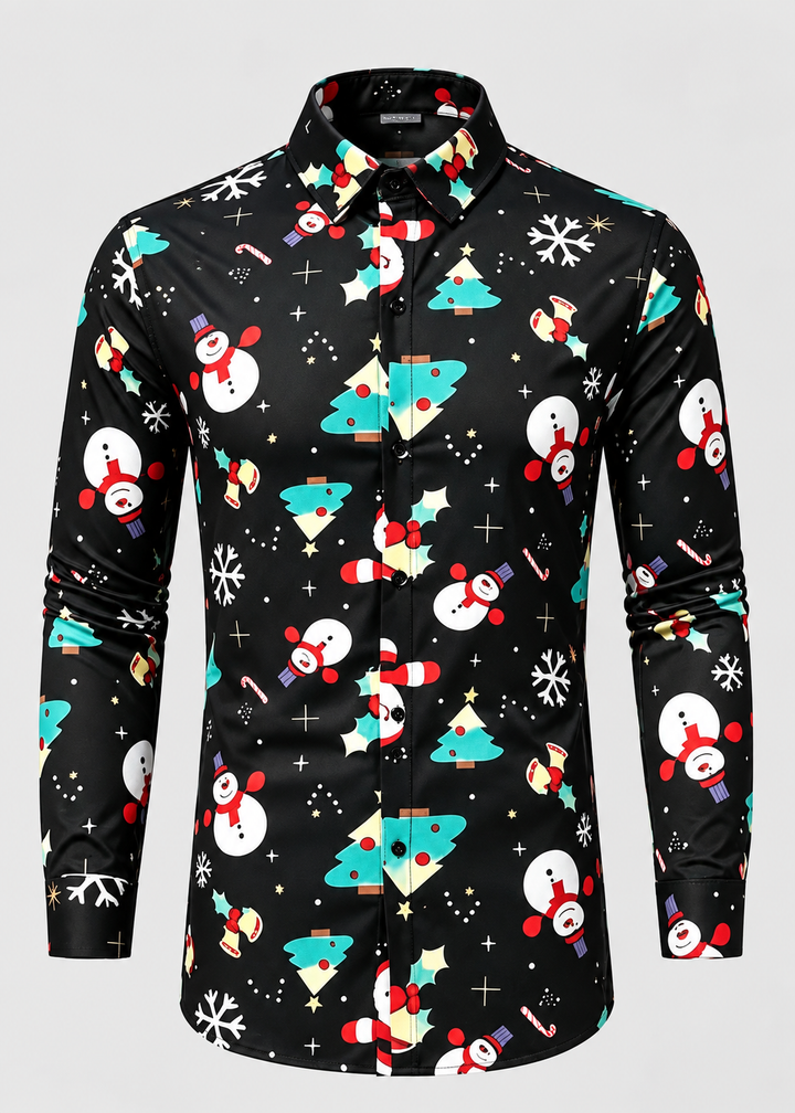 Men's Christmas Print Shirt with Stand Collar