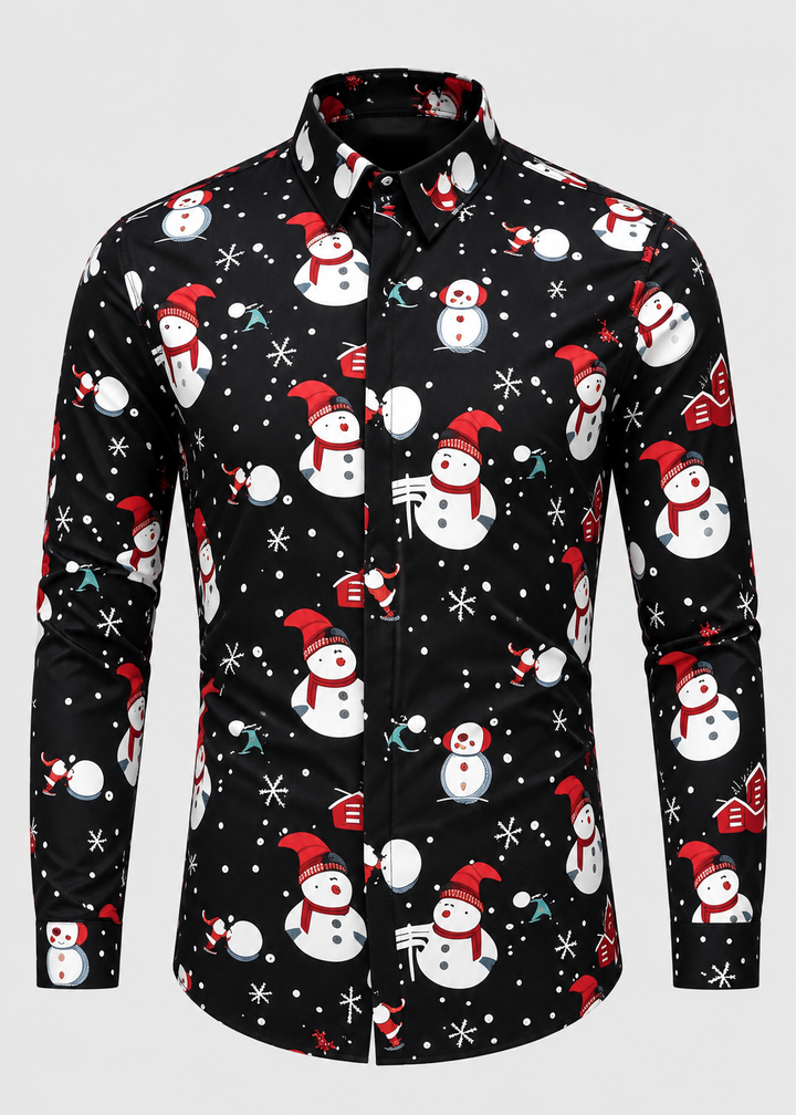 Men's Christmas Print Shirt with Stand Collar