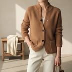 Women's textured knit cardigan with stand collar and button front