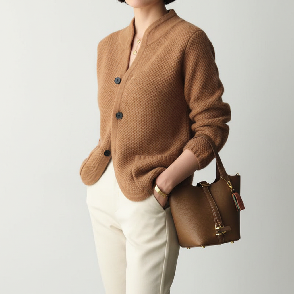 Women's textured knit cardigan with stand collar and button front