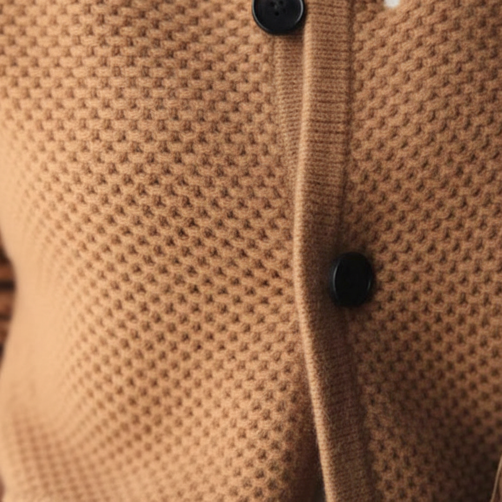 Women's textured knit cardigan with stand collar and button front