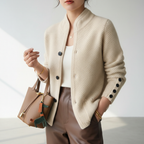 Women's textured knit cardigan with stand collar and button front