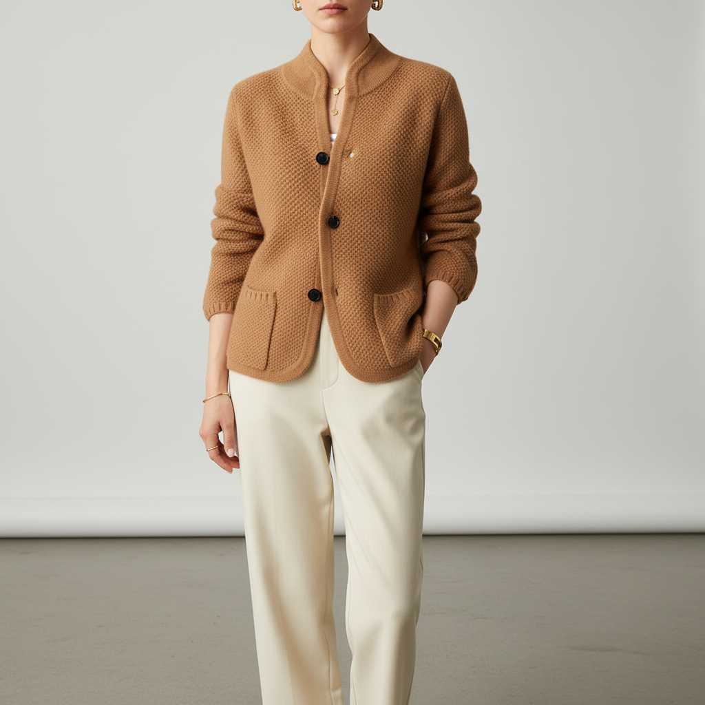 Women's textured knit cardigan with stand collar and button front