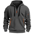 Men's hooded sweatshirt with half-zip neck, long sleeves and utility pockets