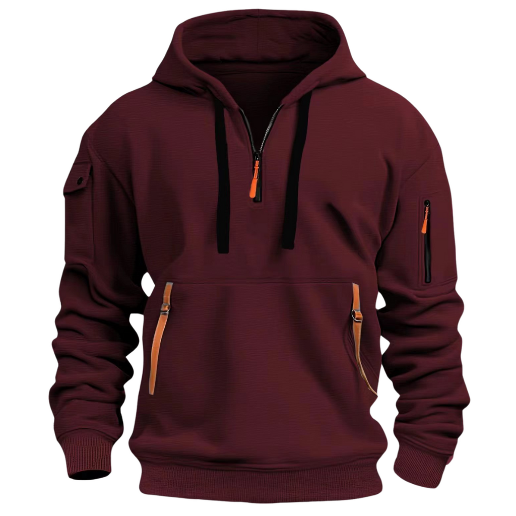 Men's hooded sweatshirt with half-zip neck, long sleeves and utility pockets